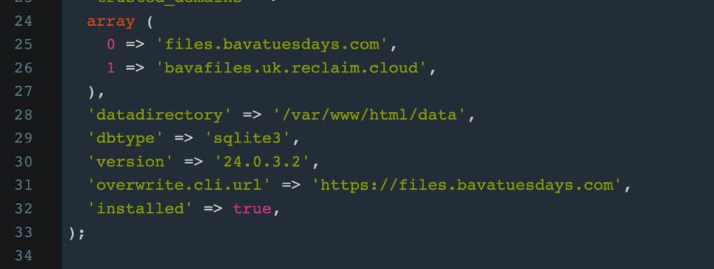 Image of the config.php file that needs to be edited to include the domain name